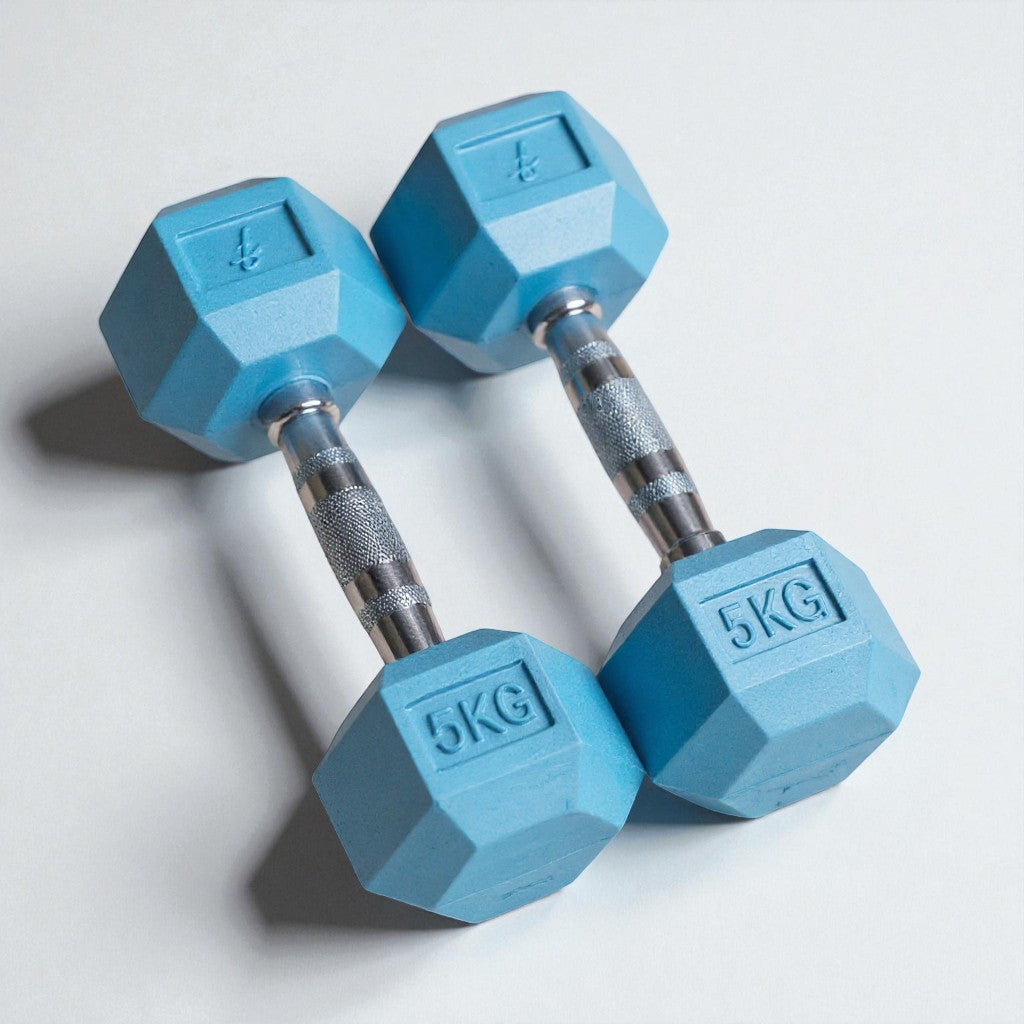 Pair of blue hex dumbbells with chrome grip and rubber coating, each weighing 5 kilograms for women’s fitness use.
