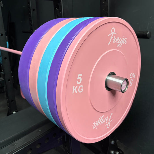 Set of colorful weight plates with 'Freyja' branding